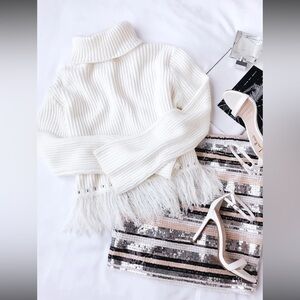 Large Lulus Boho White Cropped Sweater with Fringe, Studs, and Bell Sleeves